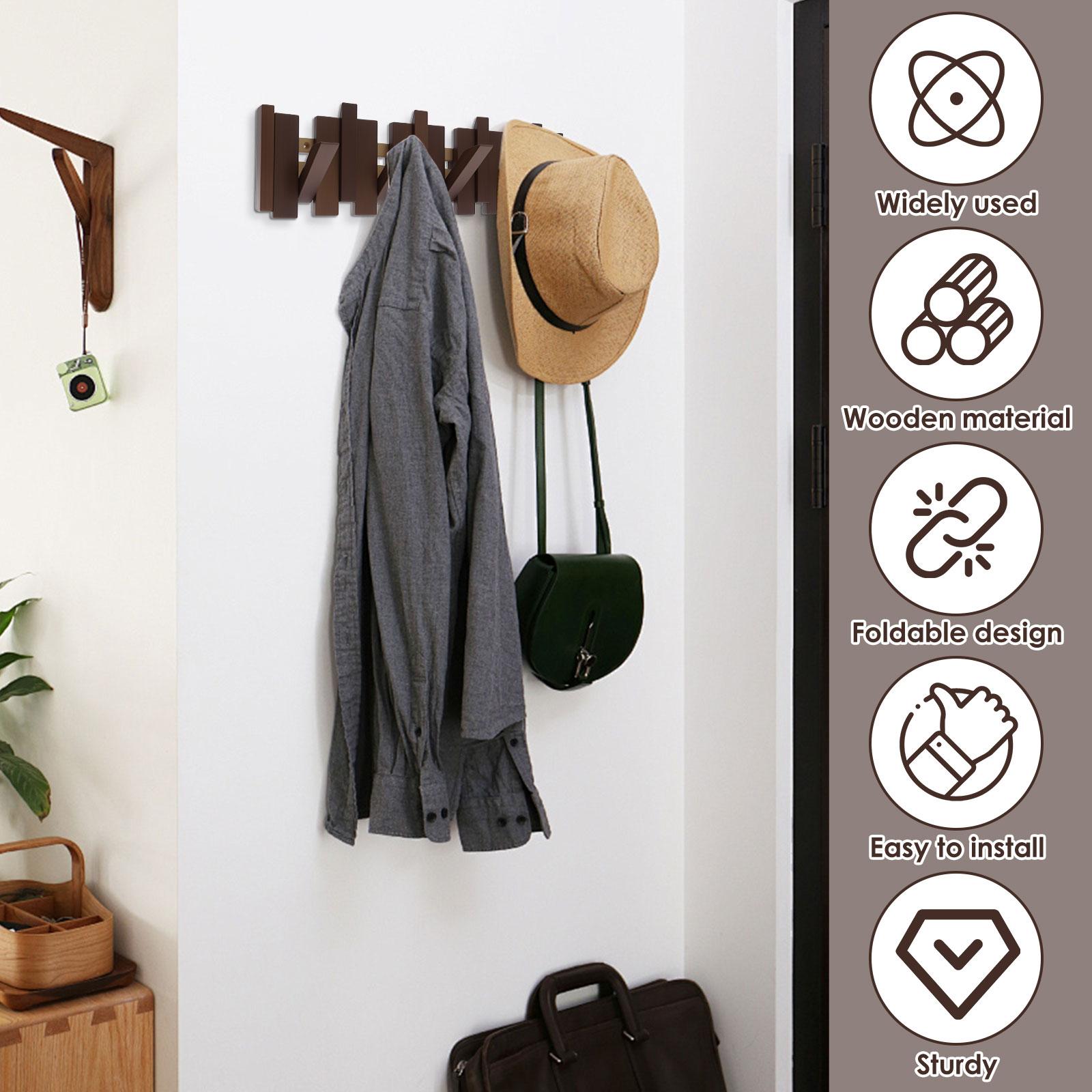 Wall Mounted Piano Coat Rack Wooden Hallway Wall Hooks with 8 Hooks Space Saving Flip Down Wall Hook for Home Entryway Bathroom