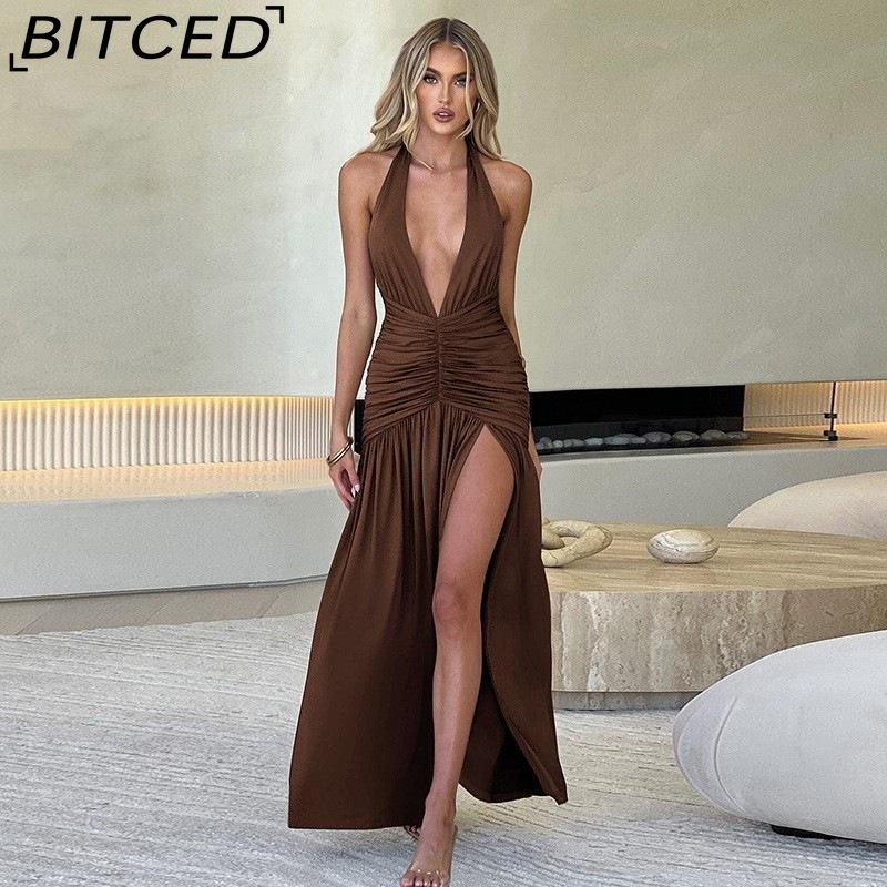 BITCED Summer Women's Elegant Halterneck V-Neck Maxi Dress Seductive Slit with Pleated Backless Design