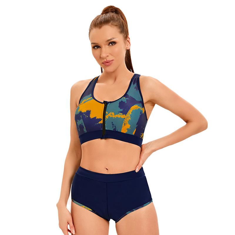 Sportovní plavky na zip s potiskem Dámské sexy plavky s vysokým pasem bez zad
