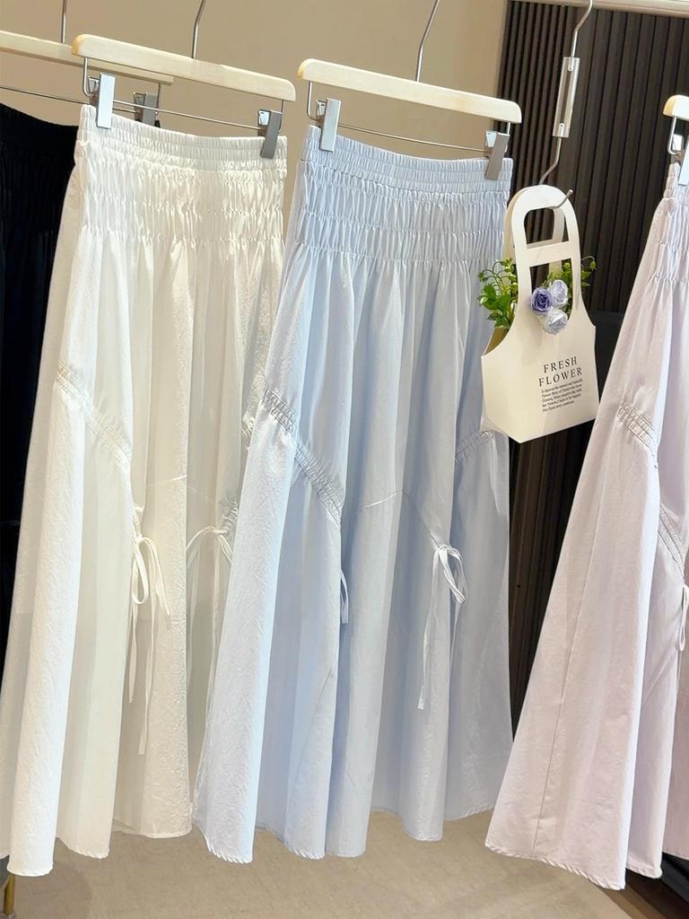 2026 Summer Tencel Cotton A-line Bowknot Skirt: Elastic Waist, Pleated, Mid-Length, Versatile, Women's Thin Fit