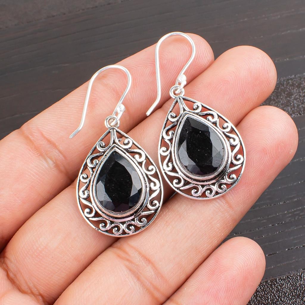 Black Onyx Gemstone 925 Sterling Silver Jewelry Handmade Earrings 1.72" CE-4-13