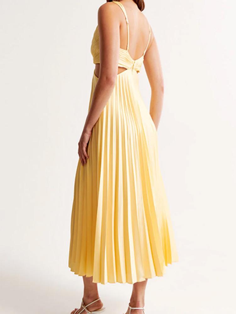 2024 Summer Elegant V-Neck Sleeveless Backless Pleated Dress for Women