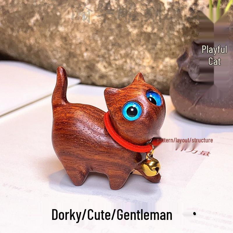 Handmade Green Sandalwood Carved Cat: Playful, Curious, Confident Pet Sculpture