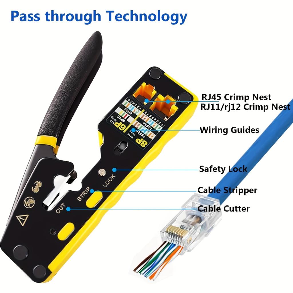 8P6P Multi-Function Dual-Use Network Cable Crimper, CAT6 Pass Through Ez Crimping Tool, Cat5e Cat6 Rj45 Rj11 LAN Phone Crimp Pliers
