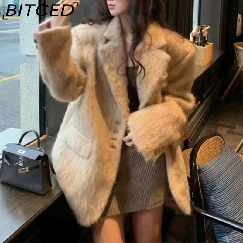BITCED Fashionable Oversized Collar Wool Fleece Coat for Women Spring/Fall Single-Breasted Long-Sleeve Elegant Coat