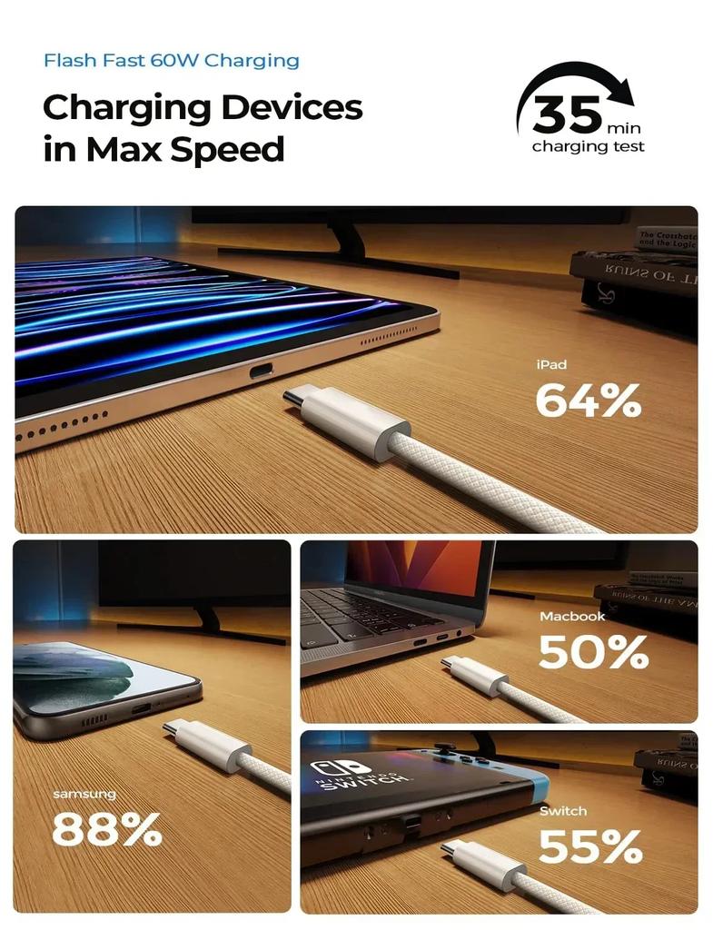 Original PD 60W Fast Charger 6A USB C To Type C Cable For Apple iPhone 15/16 Pro MAX Quick Charging For Samsung S24 Xiaomi Cable