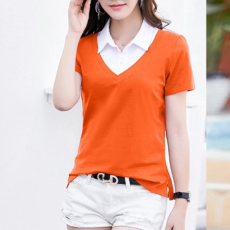 

Хлопковые летние новые женские рубашки с коротким рукавом, женские поддельные две женские тонкие рубашки с отложным воротником, топы Za XXXL оранжевый