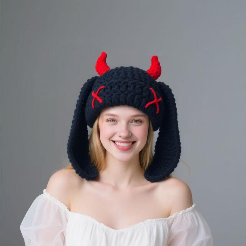 New Little Monster Handmade Knitted Wool Hat Autumn and Winter Thickened Warm Plush Hat Sweet Cool Babe Baotou