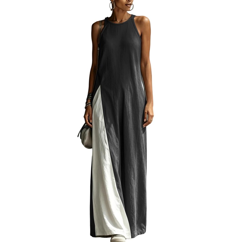 Women Sleeveless Loose Fit Maxi Dress with Pocket Color Block Design Casual Elegant Summer Long Dress