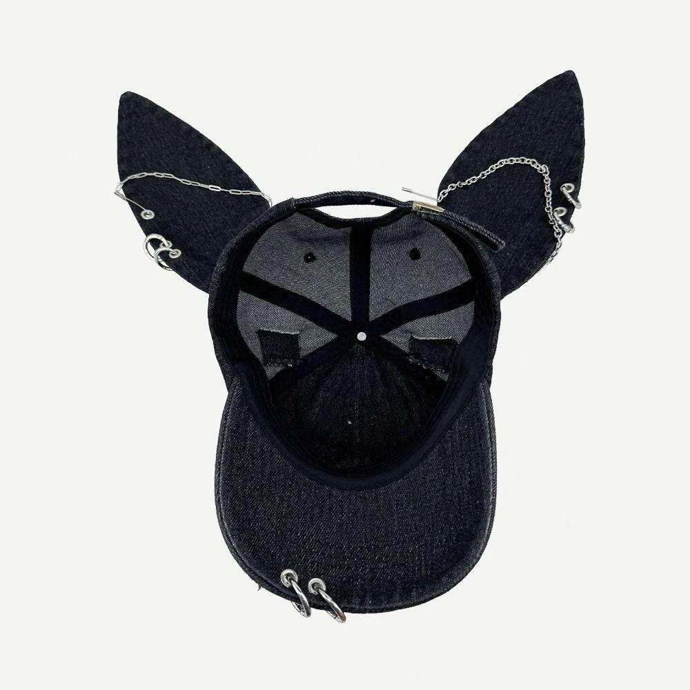 Ripped Design Rabbit Ears Baseball Cap Dark Color Y2k Trend Cap Metal Ring Cap Fashion Statement