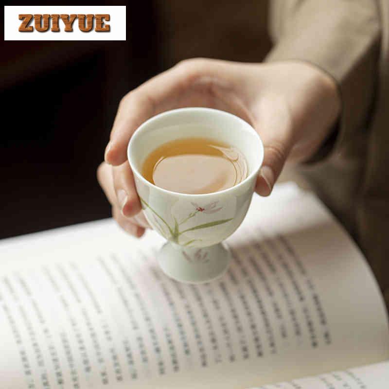 2 Stück/Los Handbemalte Orchidee Hoher Fuß Teetasse Elegante Teeschale Tasse Teeverkostung Persönliche Tasse Chazhan Meistertassen Teeservice 70ml
