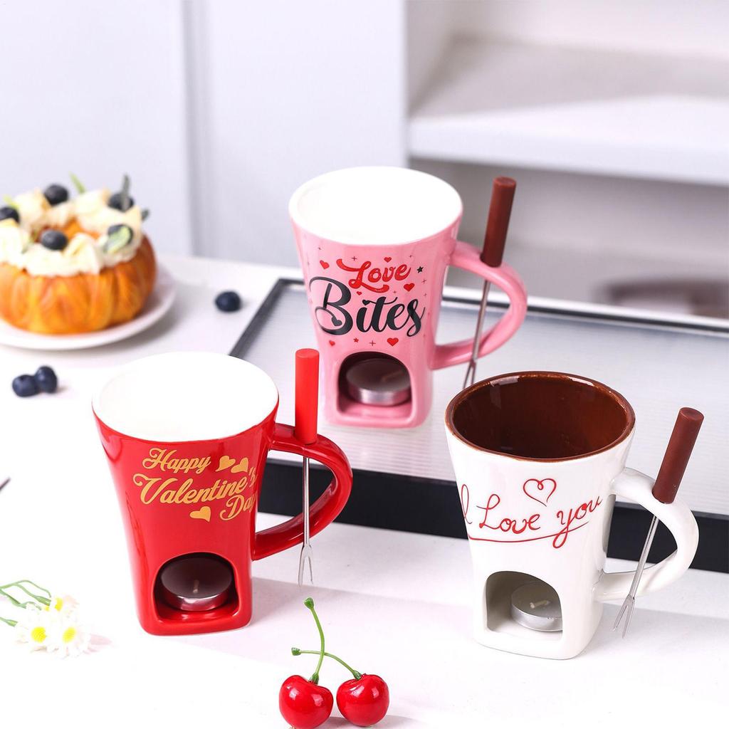 Caneca Aquecedora de Café para Fondue de Chocolate 200ml Caneca de Cerâmica para Derreter Chocolate Com Garfo, Caneca para Derreter Queijo Manteiga Caramelo Doce