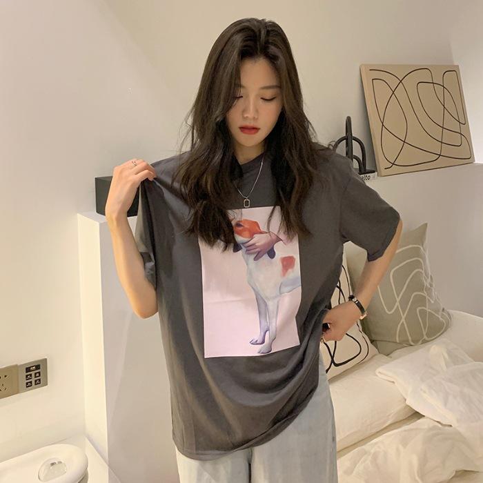 

Pure cotton, Korean version of summer new loose casual cartoon printing medium and long short-sleeved t-shirt women s tide M темно-серого