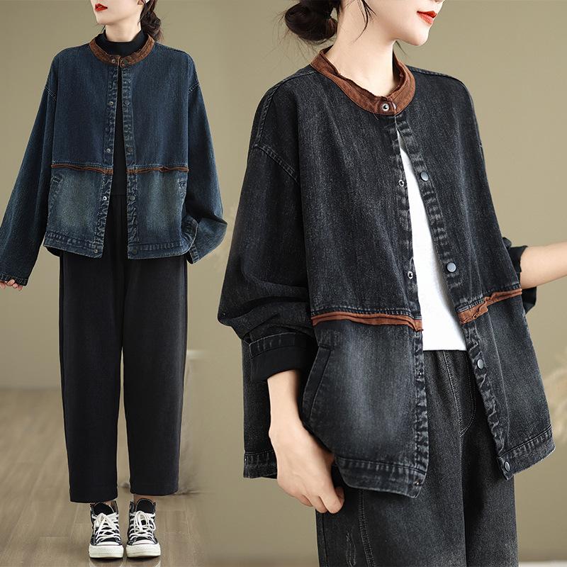 Herbst Frühling Locker Bequem Retro Stil Jeansjacke in Übergröße für Damen