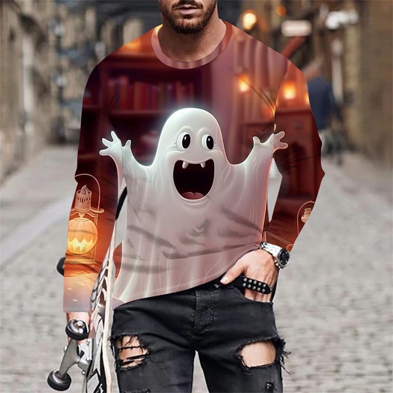 Autumn Round Neck Halloween Ghost and Pumpkin Pattern 3D Printed Top Fashionable Casual Long Sleeved Men's T-shirts