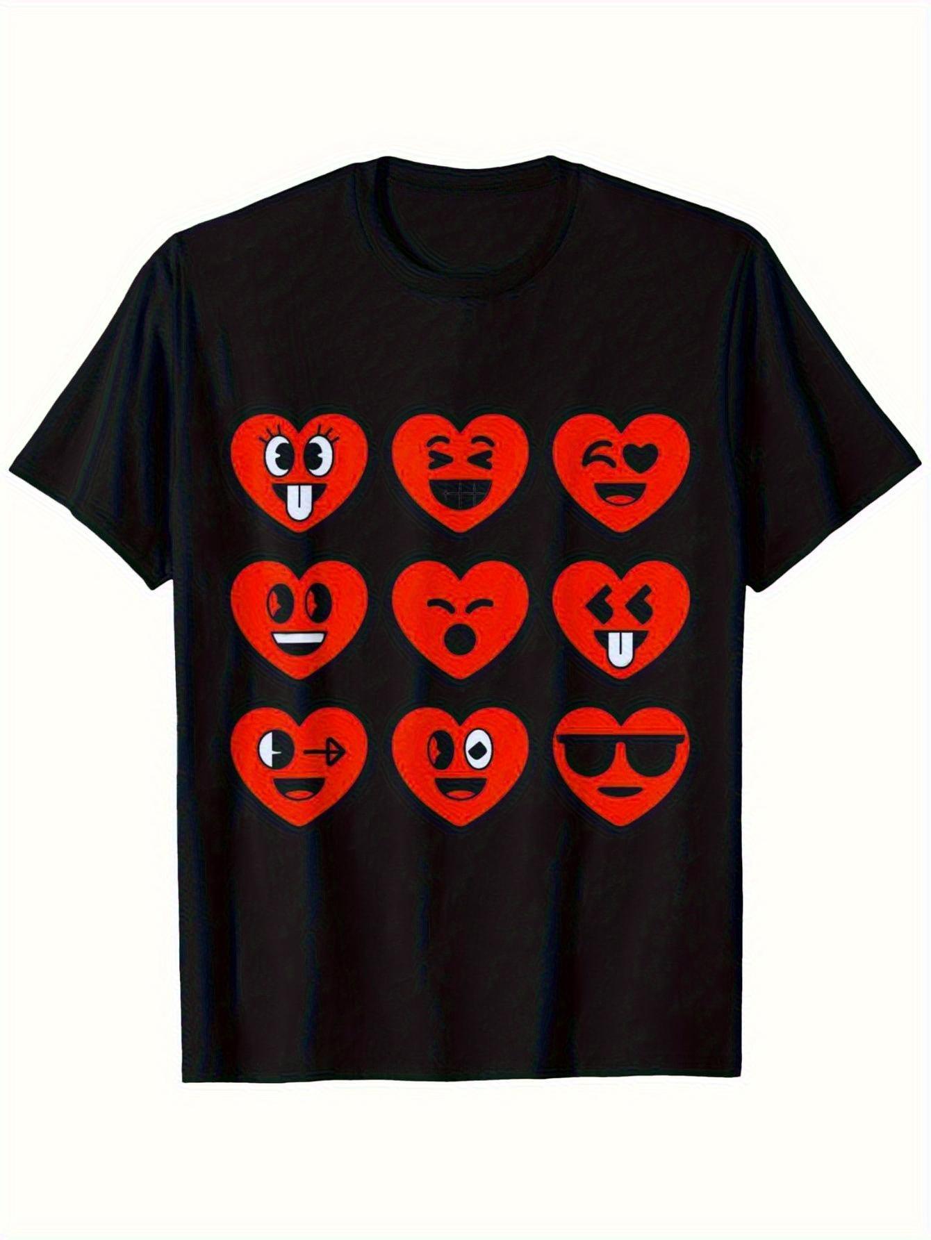 Valentine s Day Fun Heart Pattern T-Shirt - Black Cotton Tee with Playful Red Hearts & Expressive Faces S