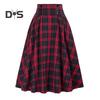 Women Skirt High Elastic Waist Big Hem A-line Colorblock Plaid Print Loose Ankle Length Soft Pockets Retro Ruffle Elegant Party Commute Lady Maxi