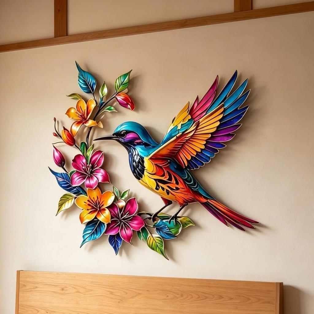 2D Flat Hummingbird Blooming Metal Wall Decoration Colorful Hummingbird Flower Background Ornament Bird Floral Wall Art Decor