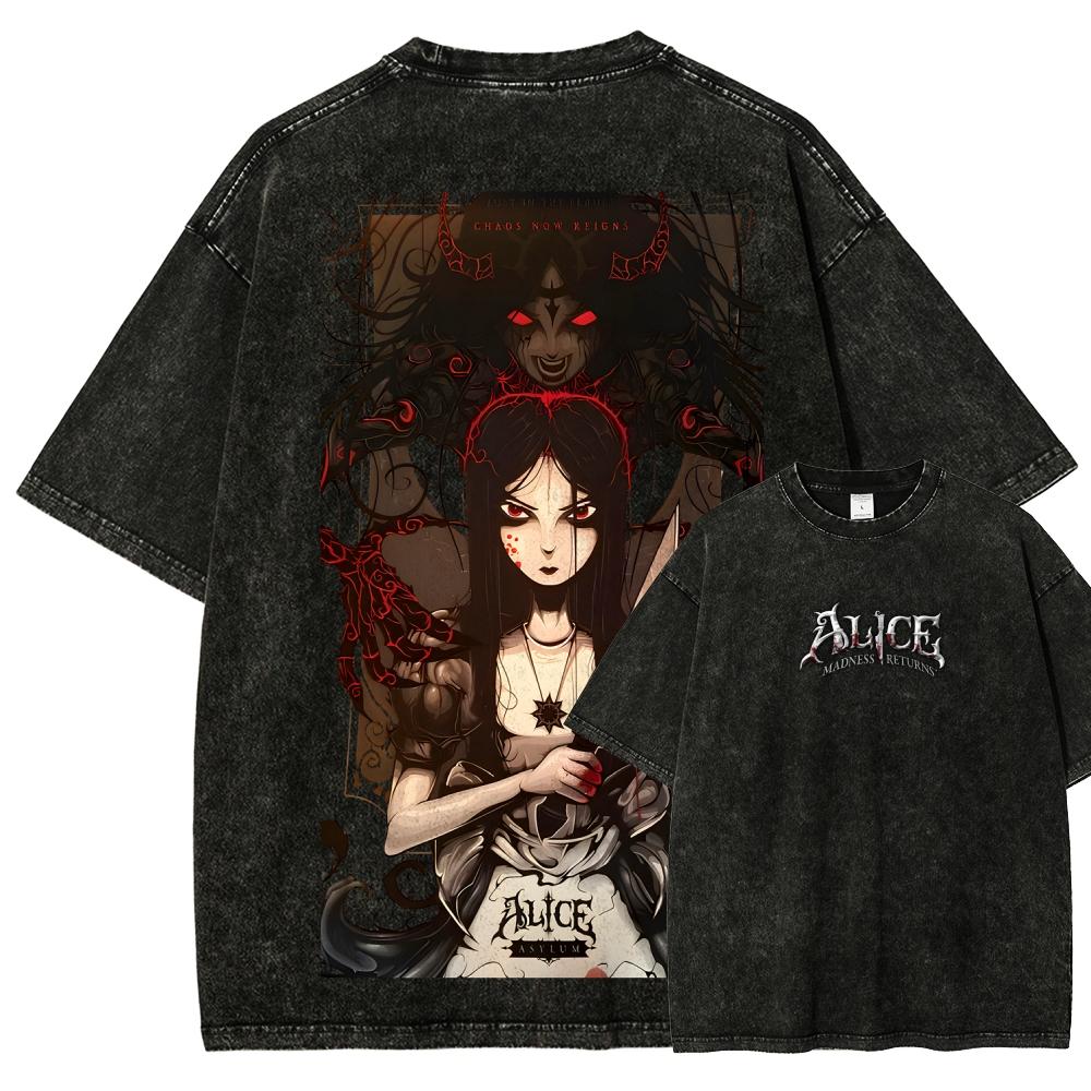 Alice Madness Returns Vintage Washed Graphic Print T Shirt Unisex Crew Neck Short Sleeve Cotton Casual Streetwear Fashion Tees Tops for Men Women