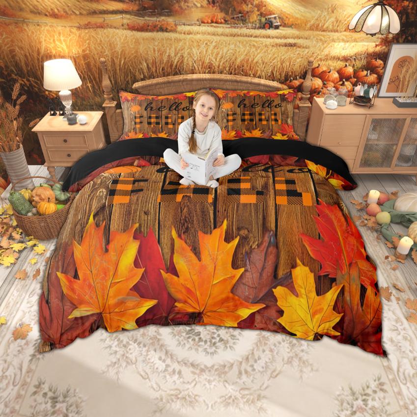 Homewish Fall Pumpkin Duvet Cover Set, Autumn Harvest Pllant Bedding Set, Thanksgiving Day Bedroom Set, Room Decor