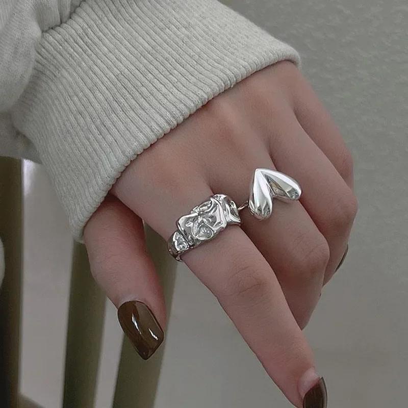 LATS Sweet Cool Silver Color Rings for Women Girl Korea Elegant Simple Smooth LOVE Heart Ring Fashion Jewelry Accessories