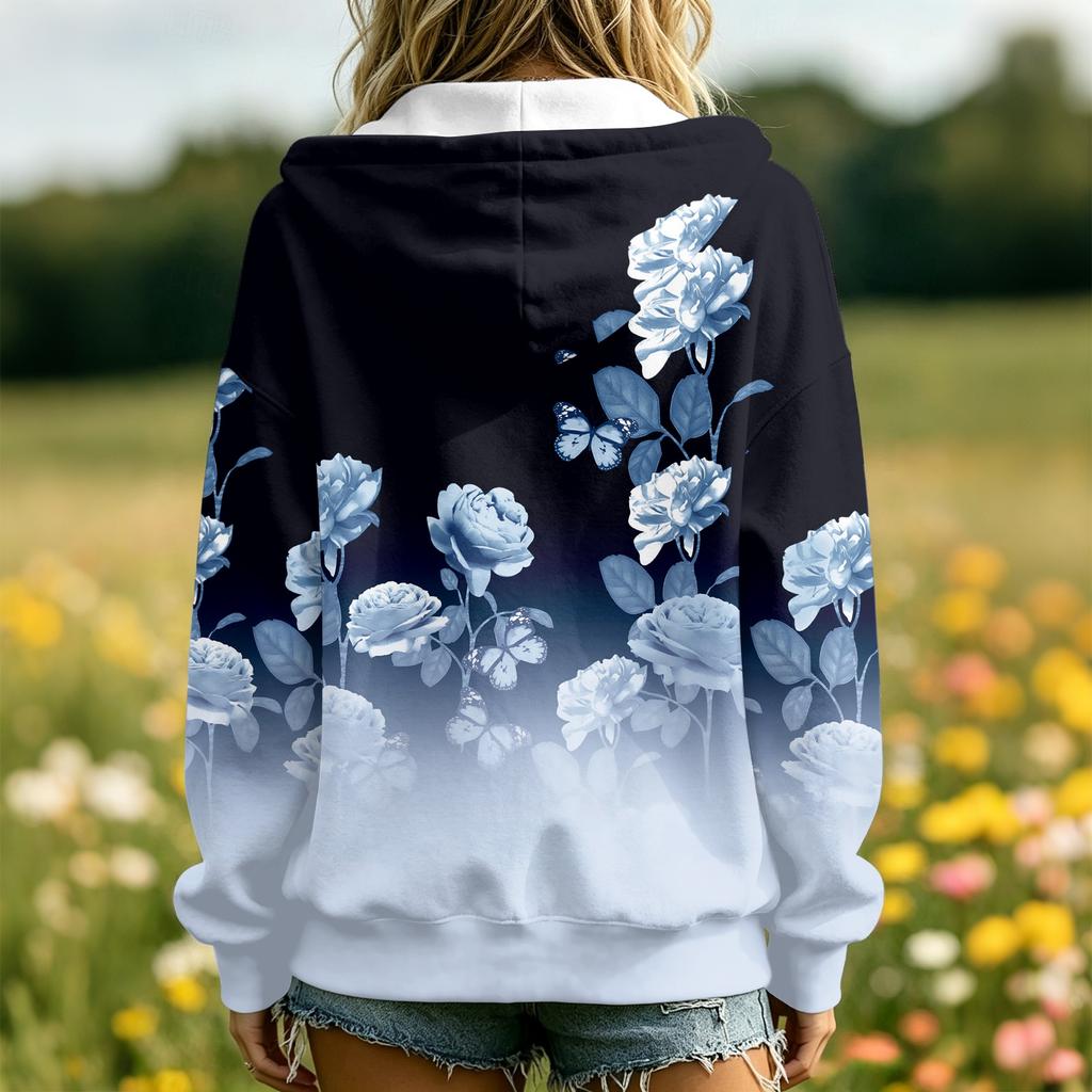 Women's Floral Print Long Sleeve Hooded Jacket with Pockets and for Casual Daily Wear