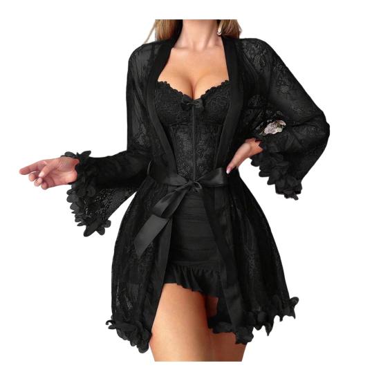 Women's 2 Piece Mesh Pajamas Set, Lace Cami Nightgown with Kimono Robe Nightwear Set, Babydoll Chemise Sheer Sleepwear