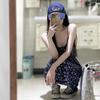 Blue printed floral backless suspender dress female summer French gentle wind waist thin fairy long dress female