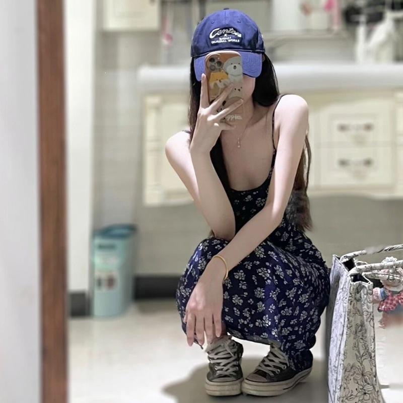Blue printed floral backless suspender dress female summer French gentle wind waist thin fairy long dress female