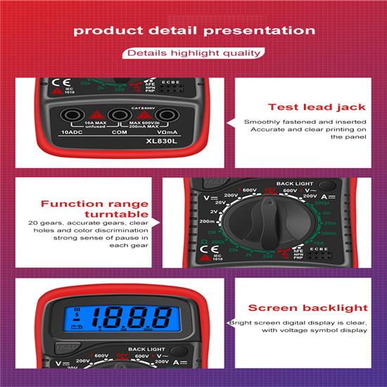 XL830L Multimetru digital portabil LCD Iluminare din spate Ampermetru portabil AC/DC Voltmetru Ohm Tester de tensiune Contor Multimetro