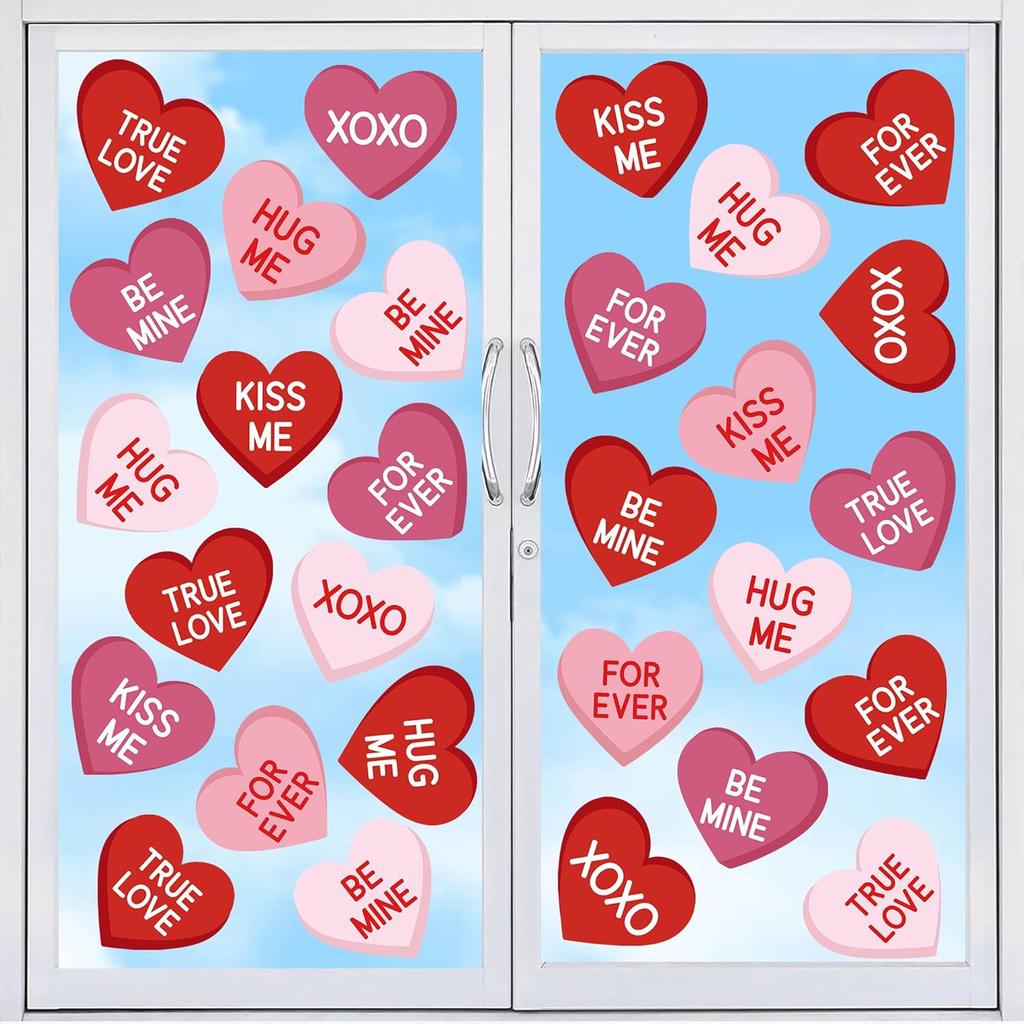 8 Sheets Valentines Day Heart Window Clings Red Pink Love Heart Window Stickers Double-Sided Conversation Hearts Windows Decals for Valentines