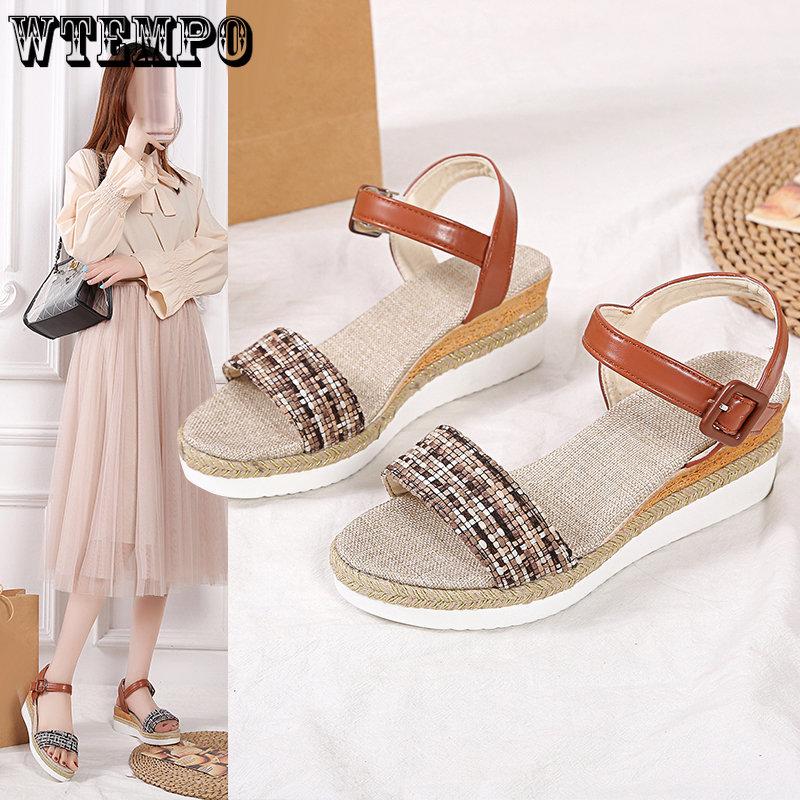 

WTEMPO сандалии разных цветов, женские удобные мягкие подошвы на наклонном каблуке, универсальные туфли на высоком каблуке с толстой подошвой и пряжкой, дропшиппинг, оптовая продажа