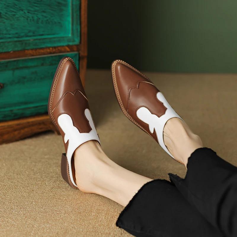 Fashion 2025 Summer Women Shoes Genuine Leather Shoes for Women Covered Toe Chunky Heel Mules Slingback Women Sandals Handmade Slippers