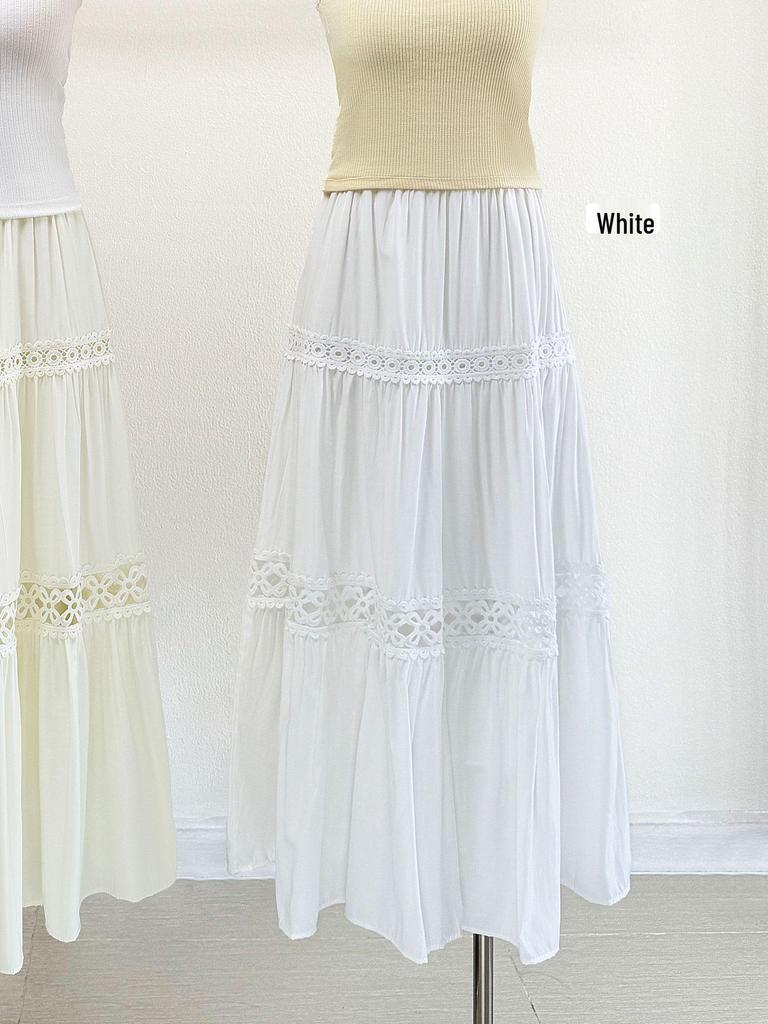 Elegant Hollow Lace Patchwork Midi Skirt for Women - 2026 Spring/Summer A-Line Socialite Princess Style