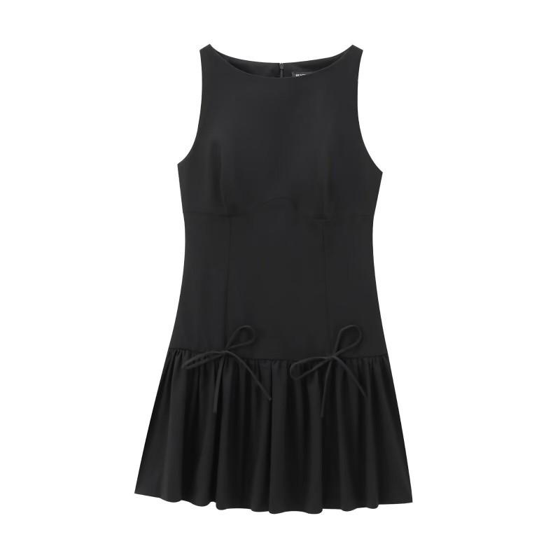 European American Women s Clothing Summer All-matching Bow Round Collar Sleeveless Short Dress XS чёрный