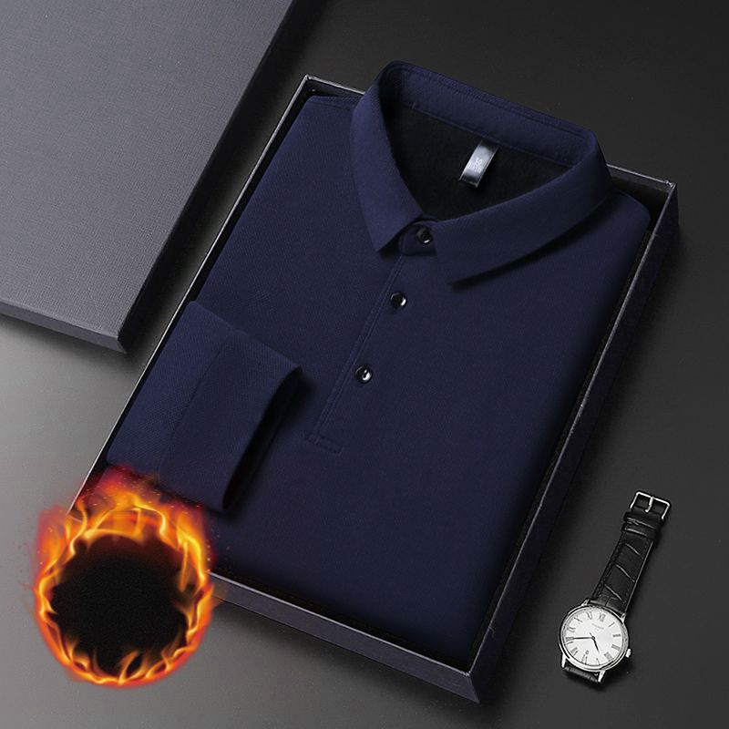 Plus Fleece Thicken Winter New Men Long Sleeve Polo Shirts Turn-down Collar Loose Solid Color Smart Casual Chic All-match Tops