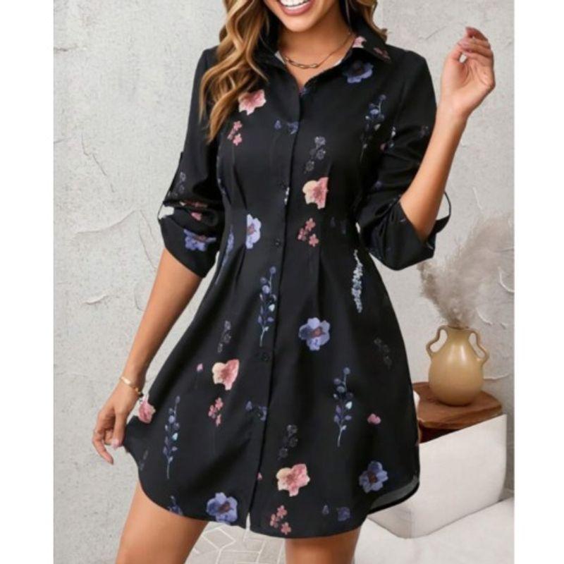 

Fall New Arrival Fashion Style Lapel Florals Pattern Single Breasted Fashion Commuter Mid Length Long Length Long Sleeve Shirt Top Women Black 2XL