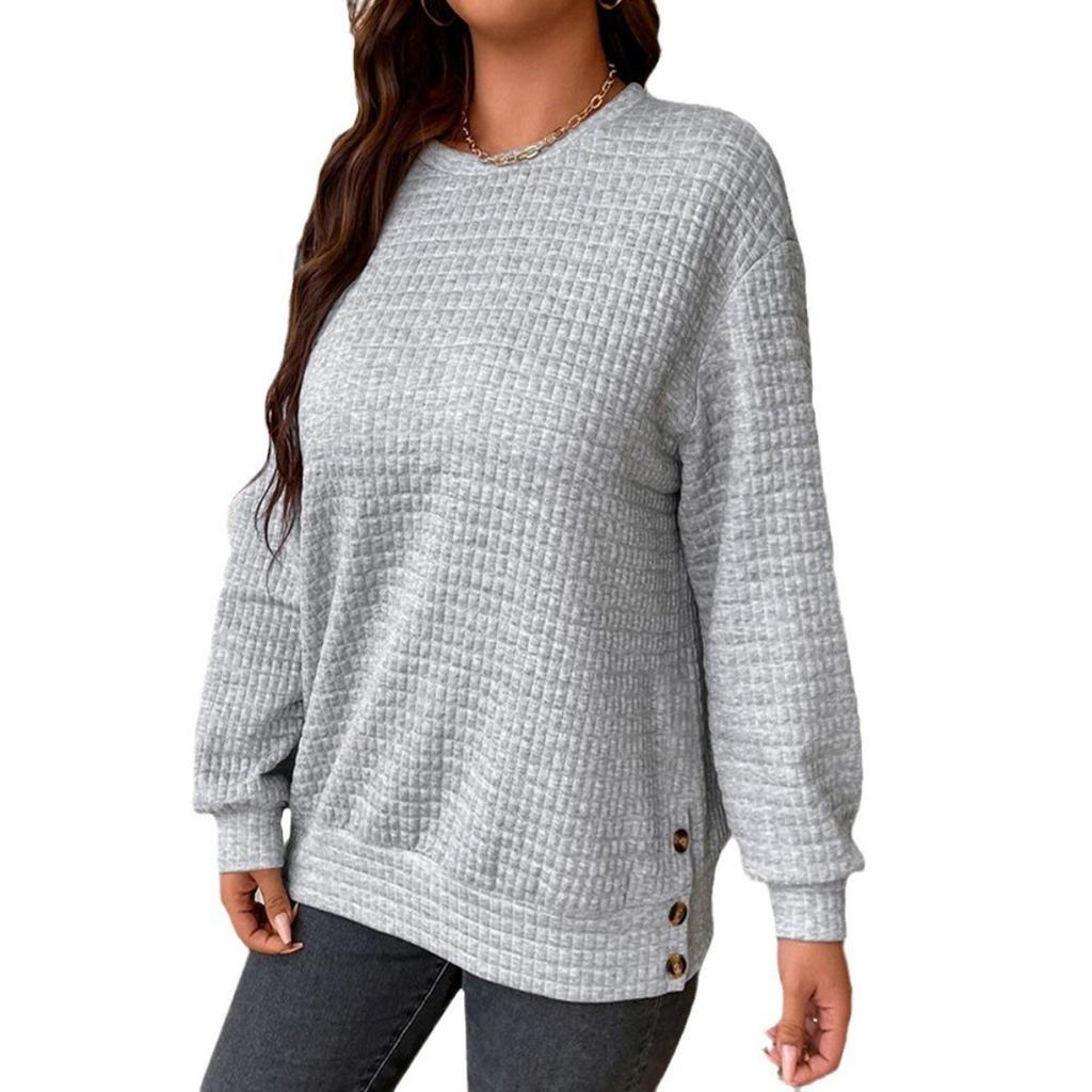 Fall Winter Women's Solid Color Loose Button Crew Neck Patchwork Long Sleeve Sweatshirt
