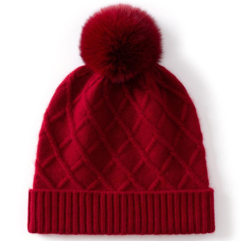 Autumn and winter new women's cashmere cycling cap headband hat rhombus grid knitted hat big hairball design soft and warm