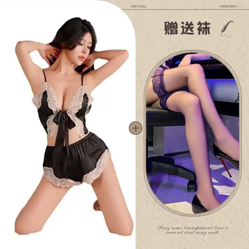 Sexy bow lace-up split two-piece sex suit women's deep V lace seduction sex pajamas