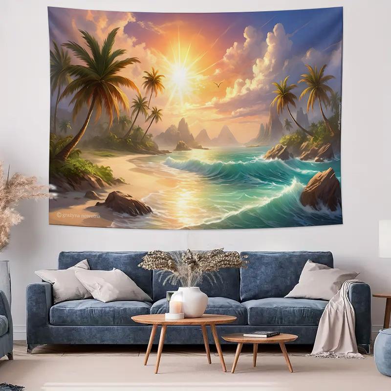 Tropical Beach Sunrise Landscape Tapestry  Romantic Seaside Decorative Wall Hanging