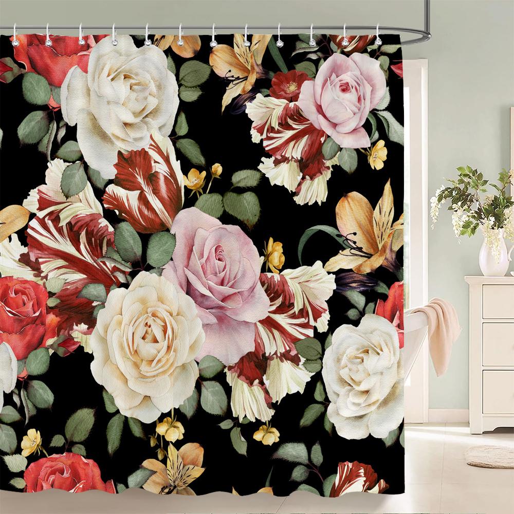 Elegant Floral Flowers Shower Curtain Retro Rose Shower Curtain Polyester Bath Curtain Bathroom Decor Curtain Washable With Hook