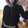 Japanese Fur Coat Women Vintage Korean Style Black Hooded Jacket Aesthetics Fur Collar Zipper Coat Thin