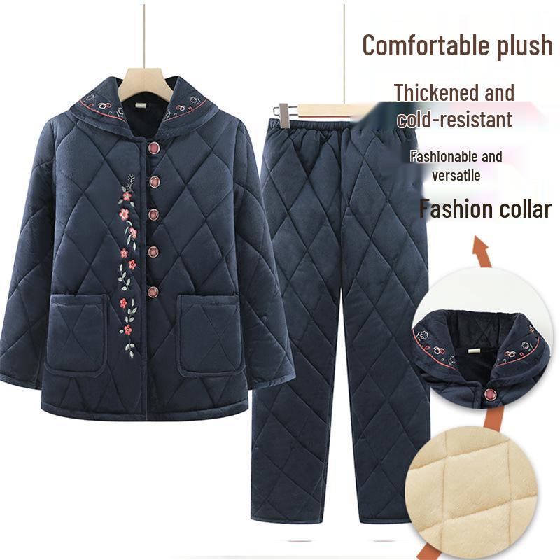 Damen Baumwoll Tang-Anzug Pyjama-Set für den Winter - Verdickter Samt, Warme Homewear für mittlere und ältere Menschen
