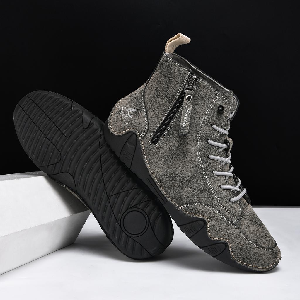 New 2026 Handmade Leather Men Ankle Boots Casual Shoes Side Zipper Comfortable Breathable Sneakers Anti-Slip Outdoor Boots Shoes
