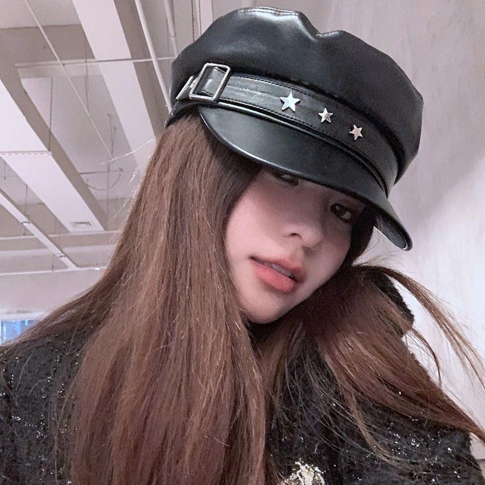 Korean Style Pu Leather Beret Star Painter Hat Personality Octagonal Hat Travel