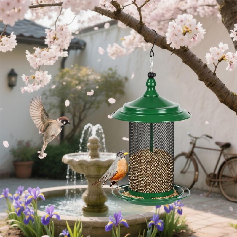Squirrels Proof Outdoor Bird Feeder Metal Construction Feeding Ports Weatherproof Roof Design For Finches