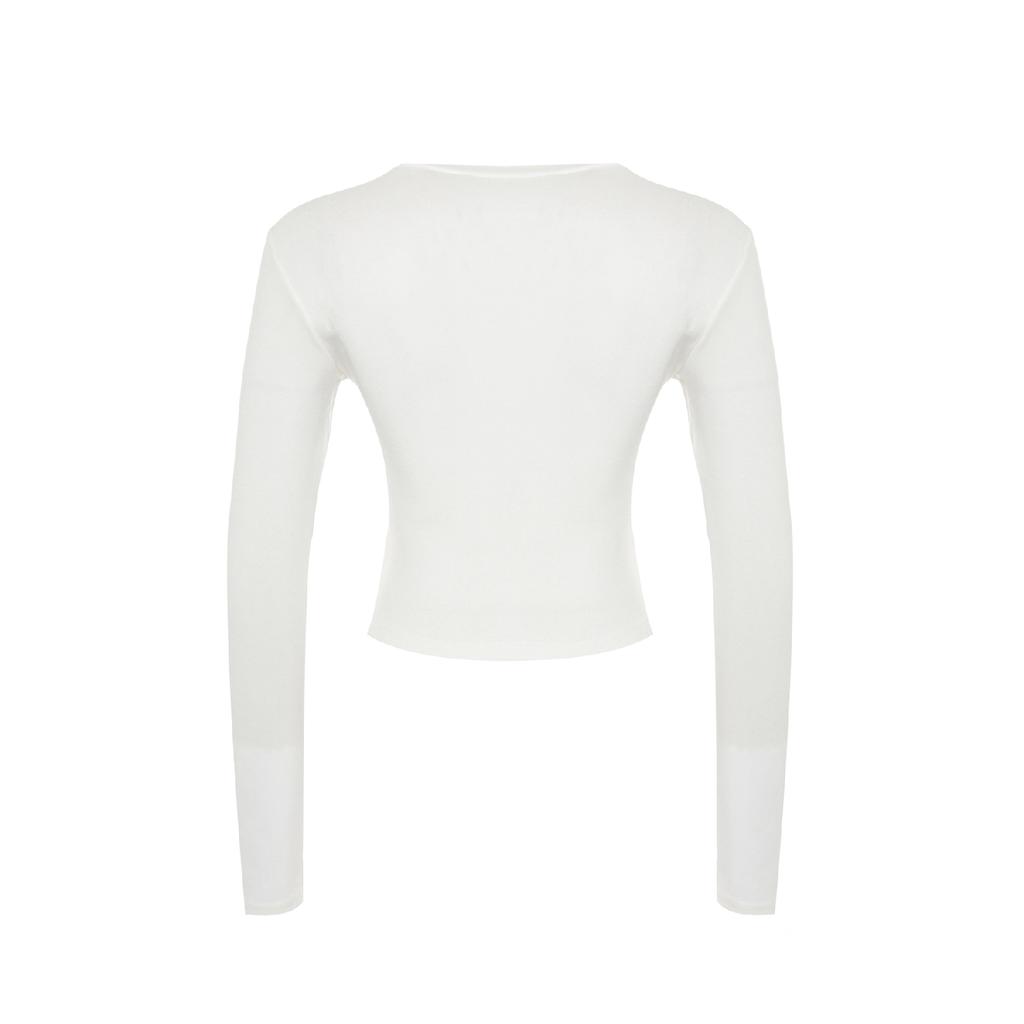 Ecru Premium Viskose Rundhals Crop Dehnbarer Strickbluse Twoaw24bz00116