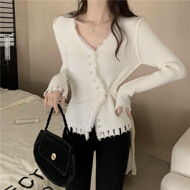 High-Quality V-Neck Core-Spun Yarn Knit Top - Sweet & Spicy Chic Design Extra Large белый