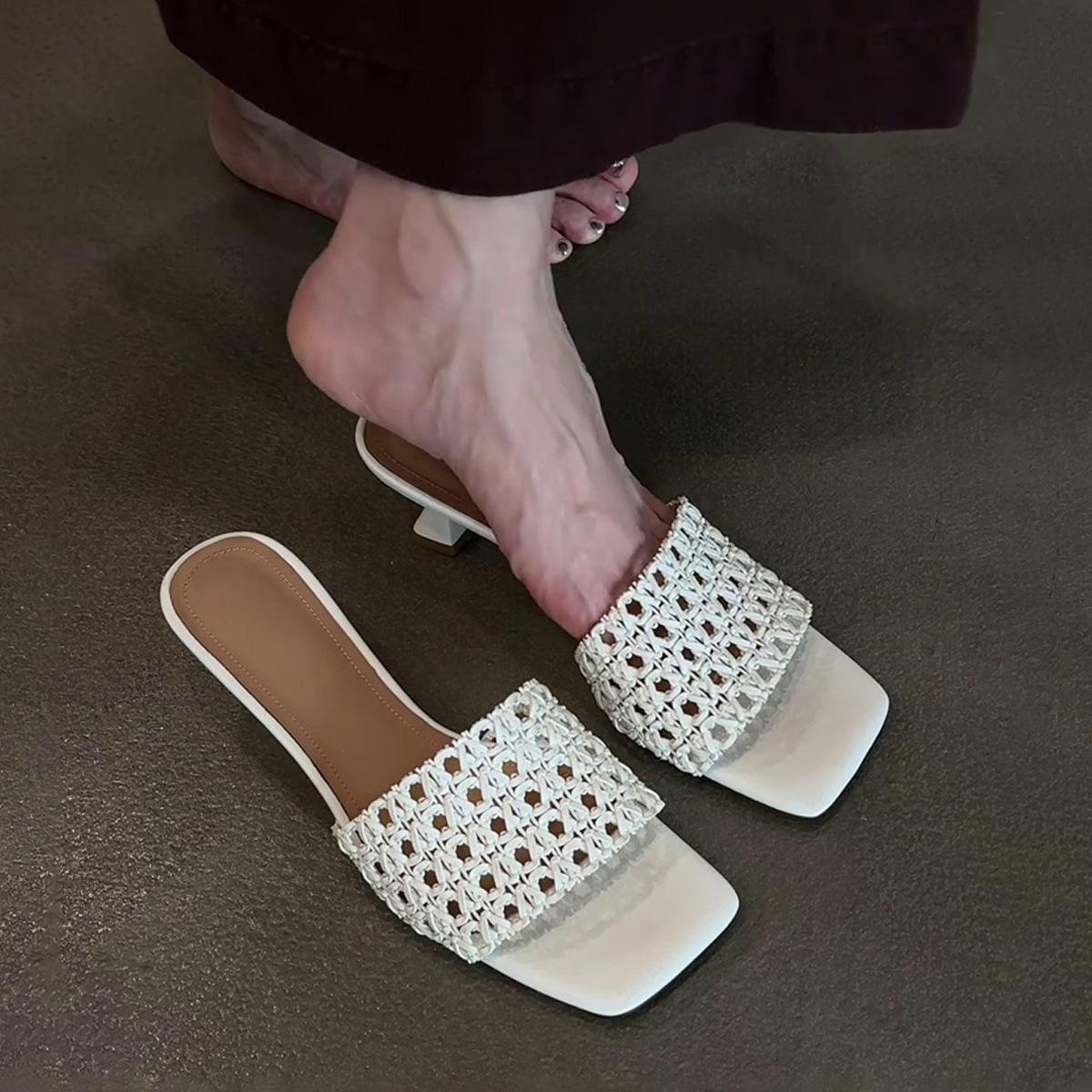 

Sheepskin version~ Summer fashion new woven hollow mesh fashion outer wear stiletto one-word drag cool slippers women 40